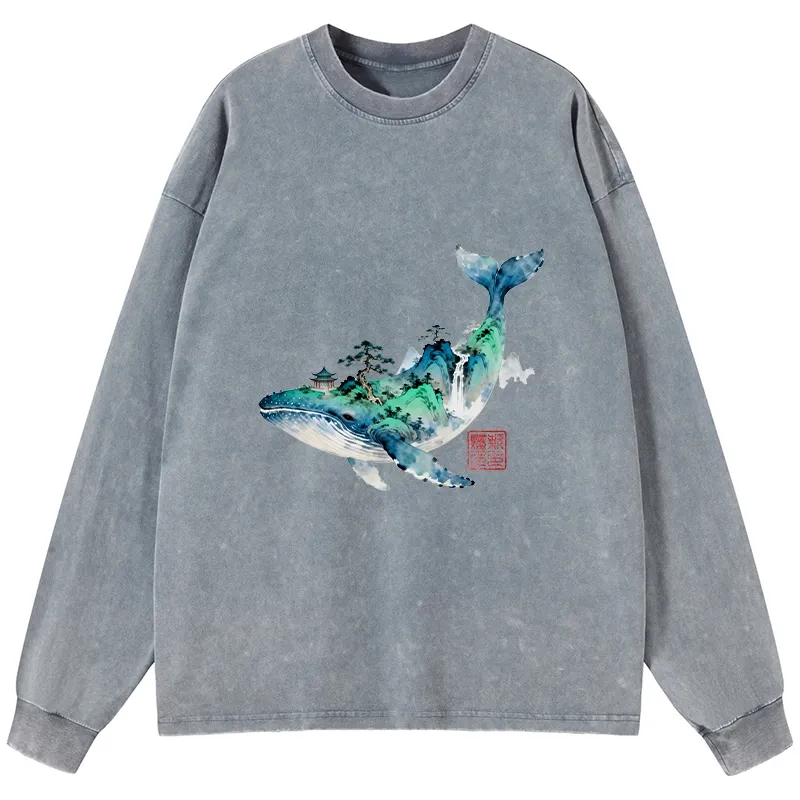 Tokyo-Tiger Whale Ink Painting Landscape Washed Long Sleeve T-Shirt Sale