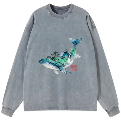Tokyo-Tiger Whale Ink Painting Landscape Washed Long Sleeve T-Shirt