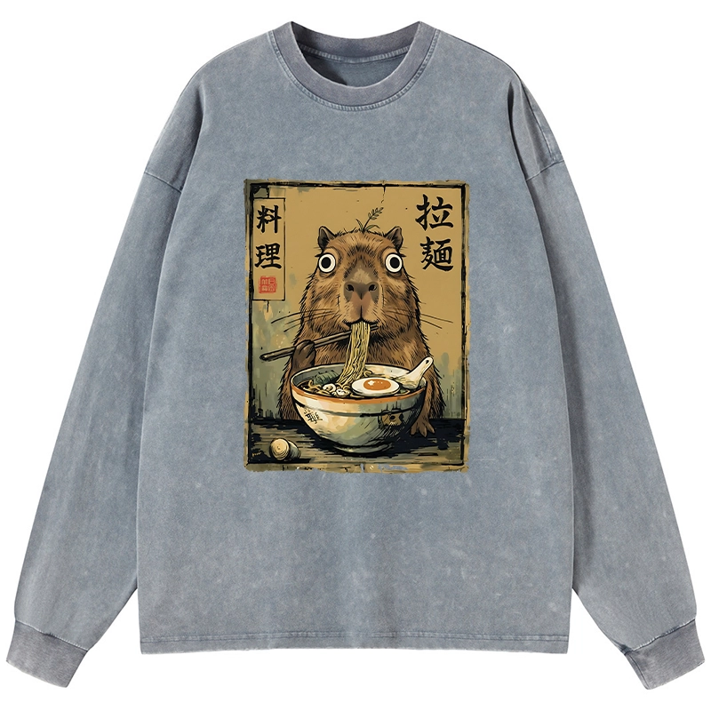 Tokyo-Tiger Cute Capybara Eating Ramen Washed Long Sleeve T-Shirt
