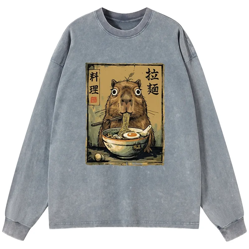 Tokyo-Tiger Cute Capybara Eating Ramen Washed Long Sleeve T-Shirt