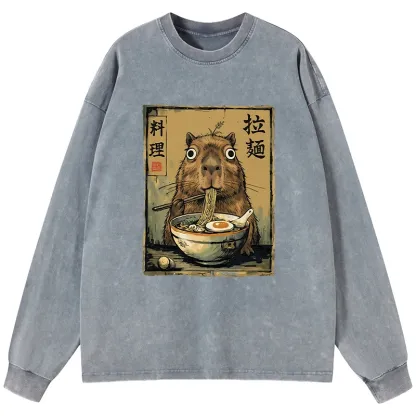 Tokyo-Tiger Cute Capybara Eating Ramen Washed Long Sleeve T-Shirt
