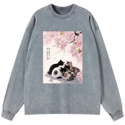 Tokyo-Tiger Cute Cats Sakura Garden Washed Long Sleeve T-Shirt
