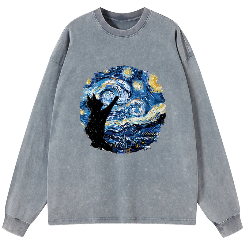 Tokyo-Tiger Starry Night Black Cat Washed Long Sleeve T-Shirt