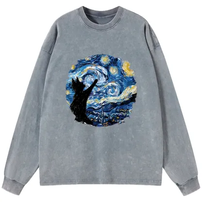 Tokyo-Tiger Starry Night Black Cat Washed Long Sleeve T-Shirt