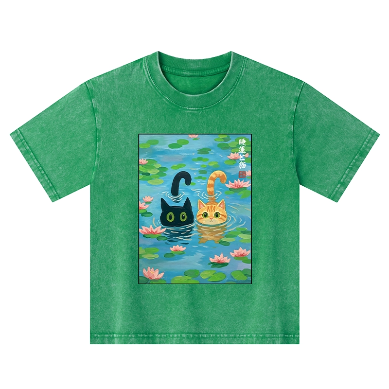 Tokyo-Tiger Cats In The Lotus Pond Kids Washed T-Shirt