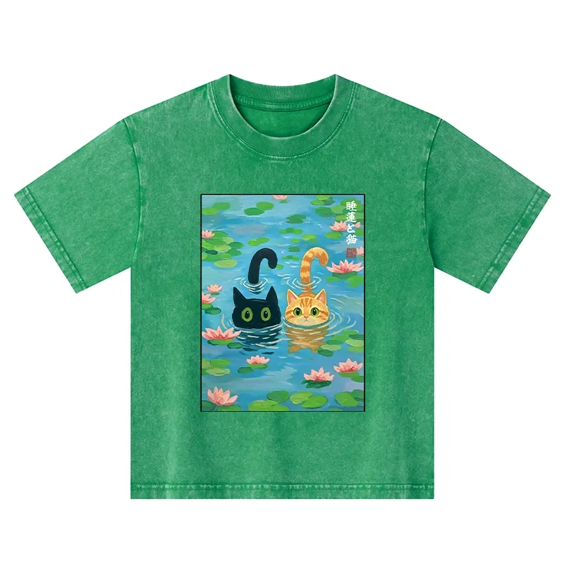 Tokyo-Tiger Cats In The Lotus Pond Kids Washed T-Shirt