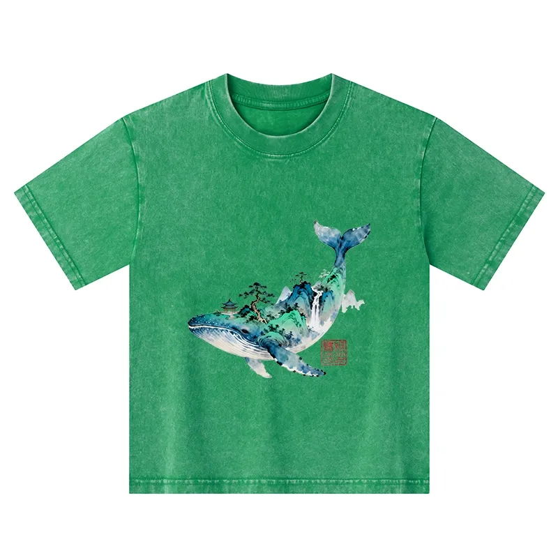 Tokyo-Tiger Whale Ink Painting Landscape Kids Washed T-Shirt