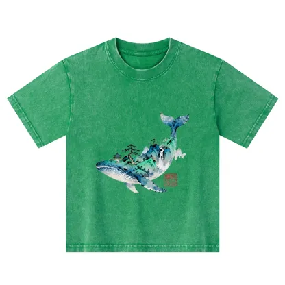 Tokyo-Tiger Whale Ink Painting Landscape Kids Washed T-Shirt
