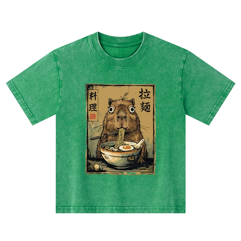 Tokyo-Tiger Cute Capybara Eating Ramen Kids Washed T-Shirt