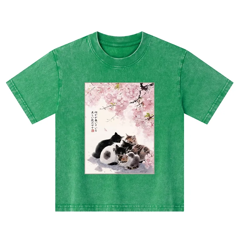 Tokyo-Tiger Cute Cats Sakura Garden Kids Washed T-Shirt