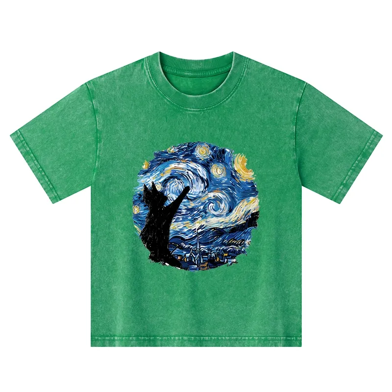 Tokyo-Tiger Starry Night Black Cat Kids Washed T-Shirt