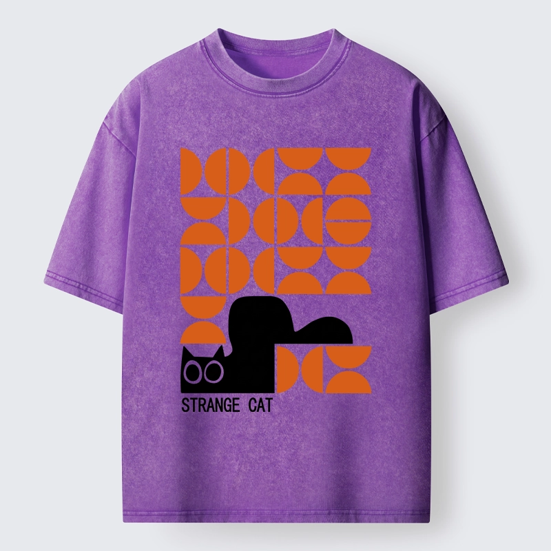 Tokyo-Tiger Black Cat Geometric Pattern Washed T-Shirt