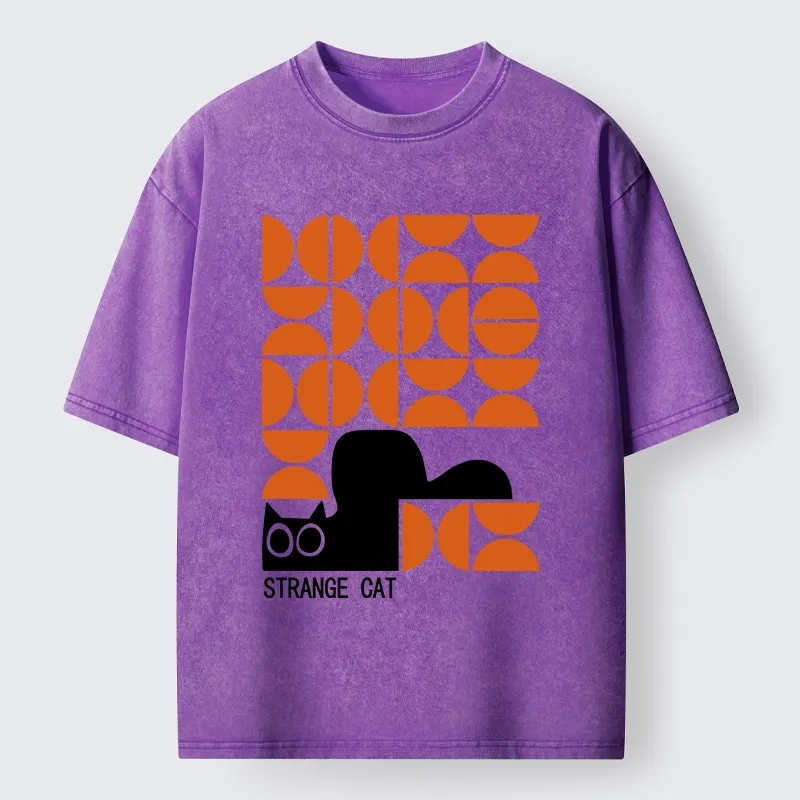 Tokyo-Tiger Black Cat Geometric Pattern Washed T-Shirt