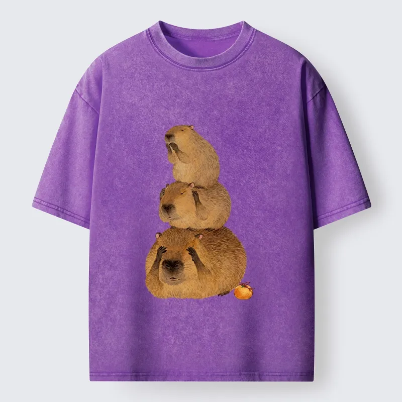Tokyo-Tiger Capybara Hear No Evil Meme Washed T-Shirt