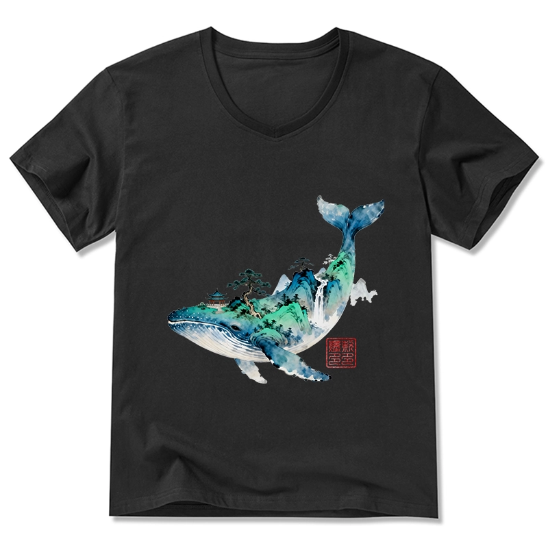 Tokyo-Tiger Whale Ink Painting Landscape V-Neck Classic T-Shirt