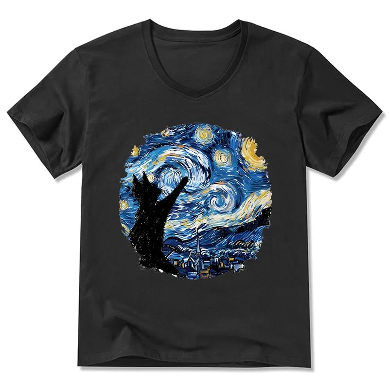 Tokyo-Tiger Starry Night Black Cat V-Neck Classic T-Shirt