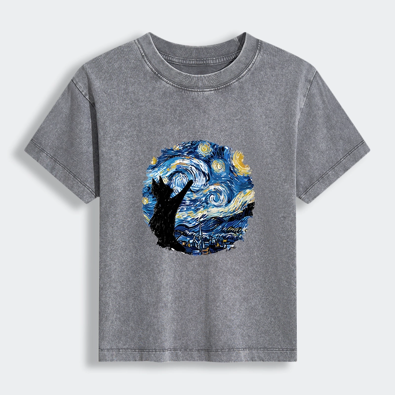Tokyo-Tiger Starry Night Black Cat Women's Washed T-shirt