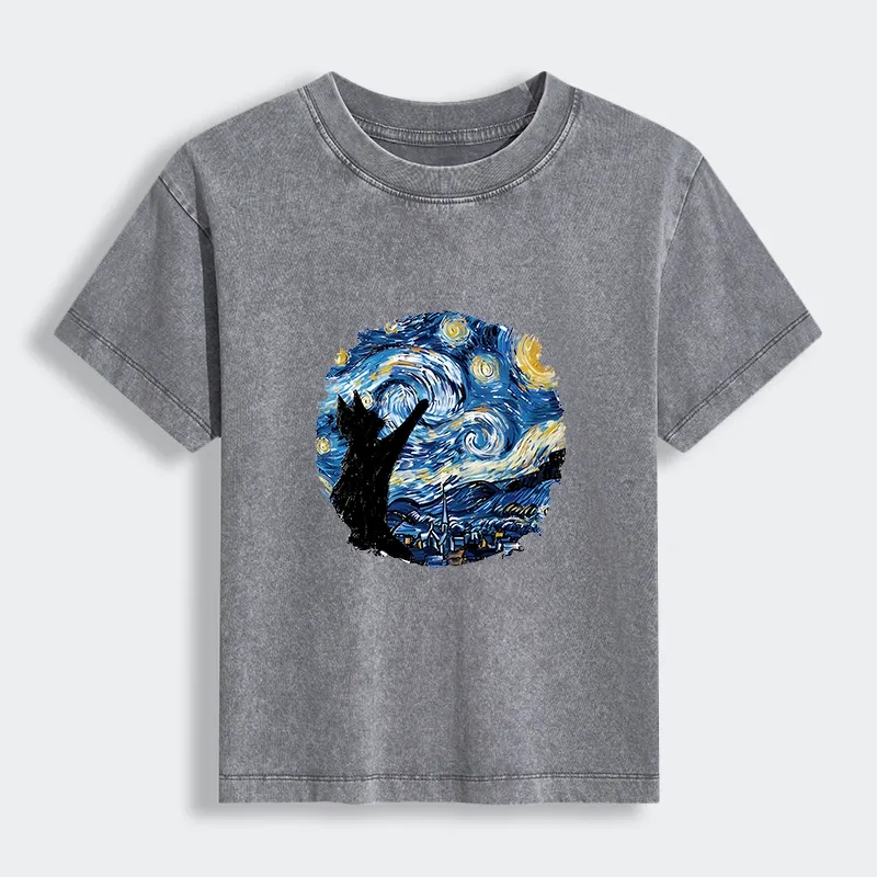 Tokyo-Tiger Starry Night Black Cat Women's Washed T-shirt