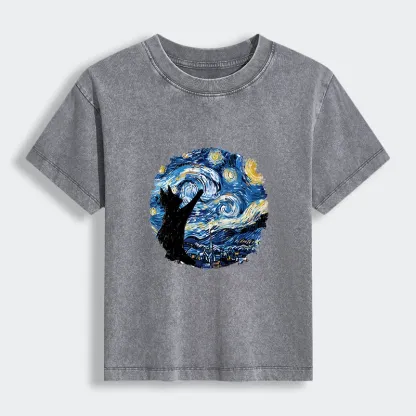 Tokyo-Tiger Starry Night Black Cat Women's Washed T-shirt