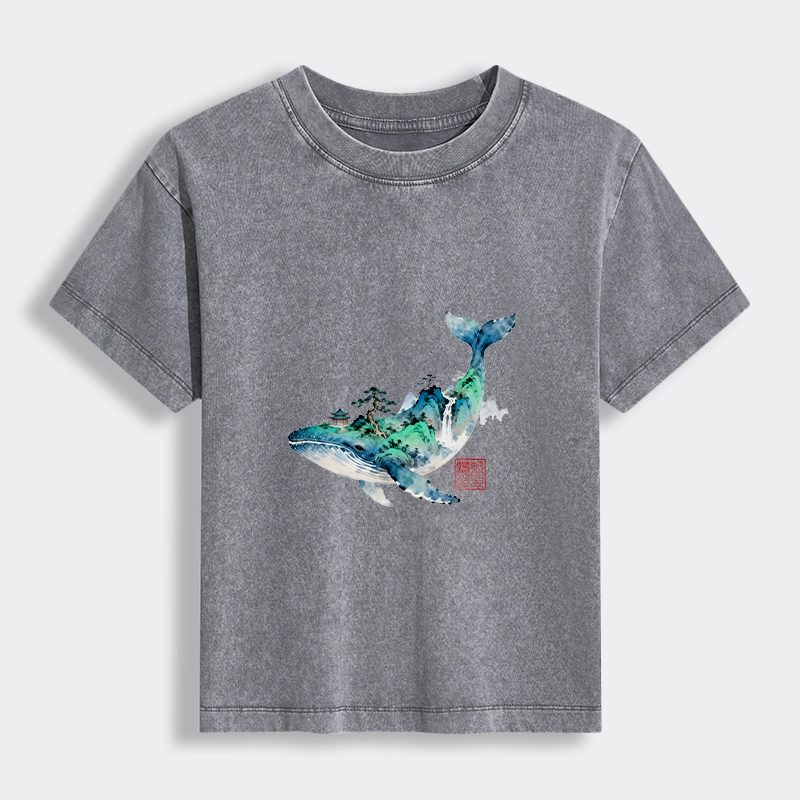 Tokyo-Tiger Whale Ink Painting Landscape Women's Washed T-shirt