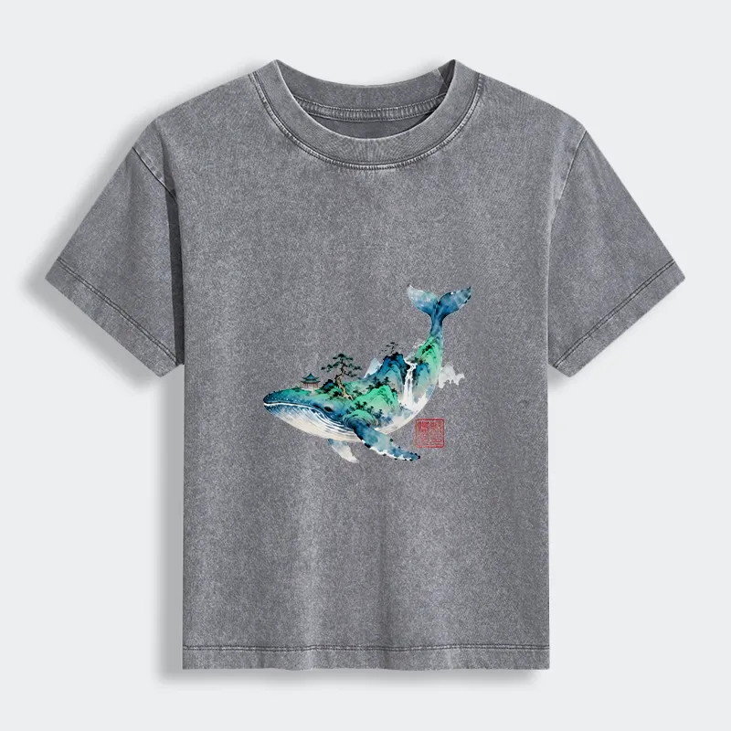 Tokyo-Tiger Whale Ink Painting Landscape Women's Washed T-shirt