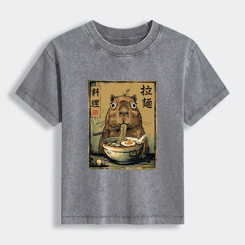 Tokyo-Tiger Cute Capybara Eating Ramen Women's Washed T-shirt