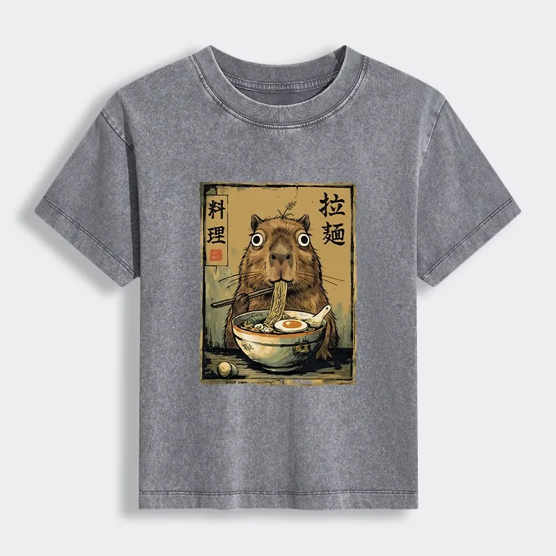 Tokyo-Tiger Cute Capybara Eating Ramen Women's Washed T-shirt