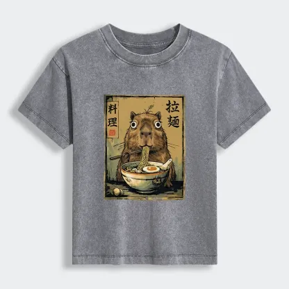 Tokyo-Tiger Cute Capybara Eating Ramen Women's Washed T-shirt