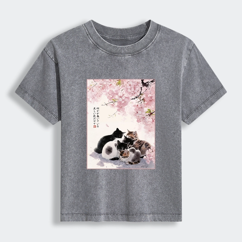 Tokyo-Tiger Cute Cats Sakura Garden Women's Washed T-shirt