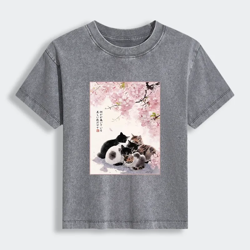 Tokyo-Tiger Cute Cats Sakura Garden Women's Washed T-shirt