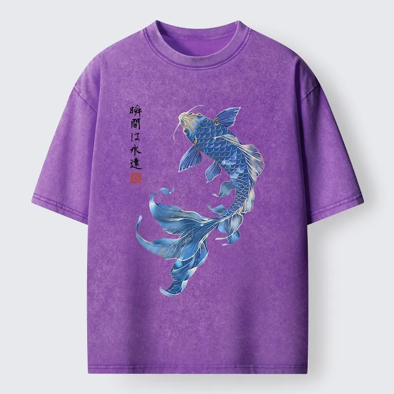Tokyo-Tiger Lucky Blue Koi Fish Art Washed T-Shirt