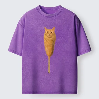 Tokyo-Tiger Orange Cat Corn Dog Meme Washed T-Shirt
