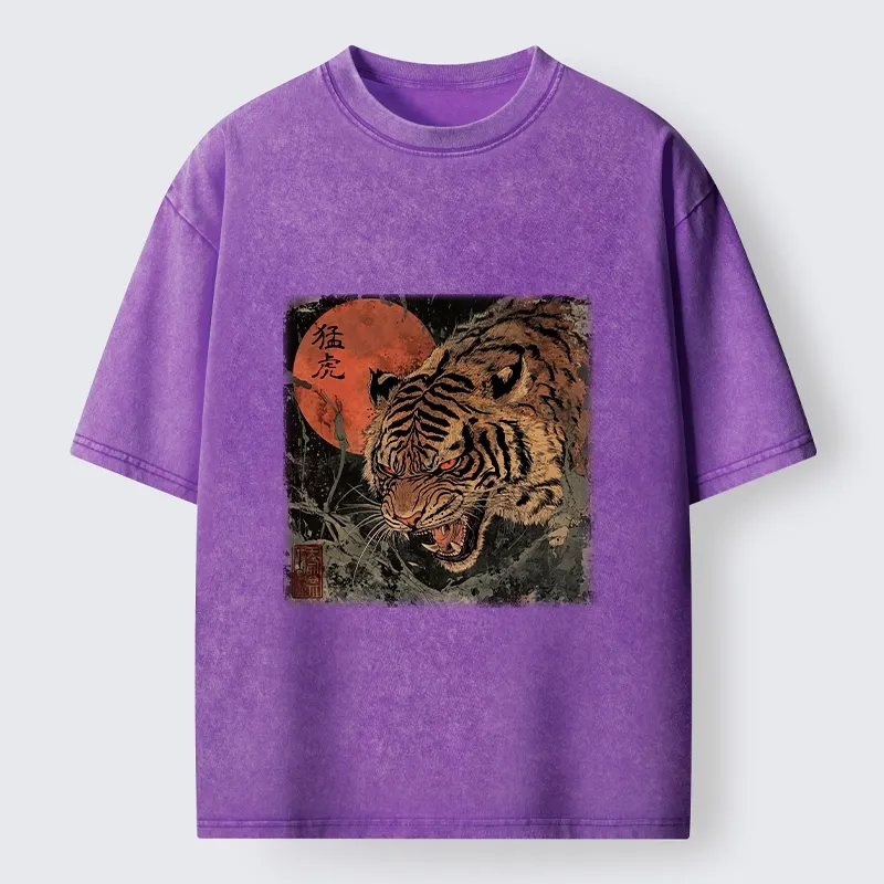 Tokyo-Tiger Fierce Tiger Red Moon Art Washed T-Shirt