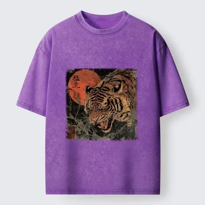 Tokyo-Tiger Fierce Tiger Red Moon Art Washed T-Shirt