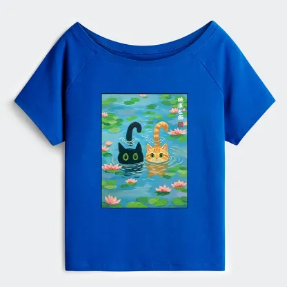 Tokyo-Tiger Cats In The Lotus Pond Off Shoulder T-Shirt