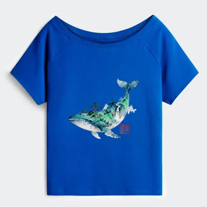 Tokyo-Tiger Whale Ink Painting Landscape Off Shoulder T-Shirt