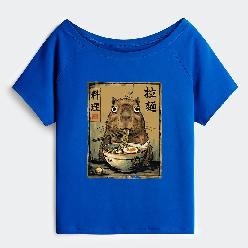 Tokyo-Tiger Cute Capybara Eating Ramen Off Shoulder T-Shirt