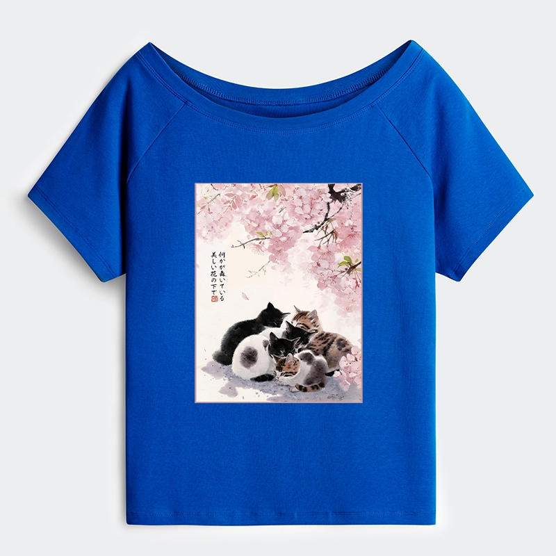 Tokyo-Tiger Cute Cats Sakura Garden Off Shoulder T-Shirt