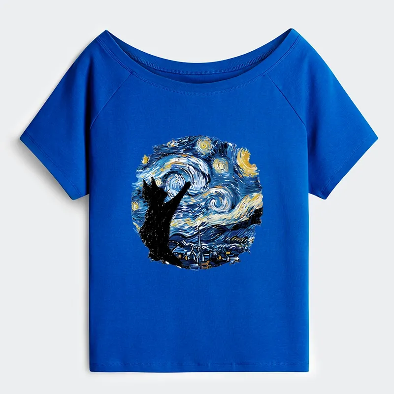 Tokyo-Tiger Starry Night Black Cat Off Shoulder T-Shirt