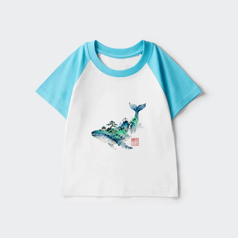 Tokyo-Tiger Whale Ink Painting Landscape Kids Raglan T-shirt