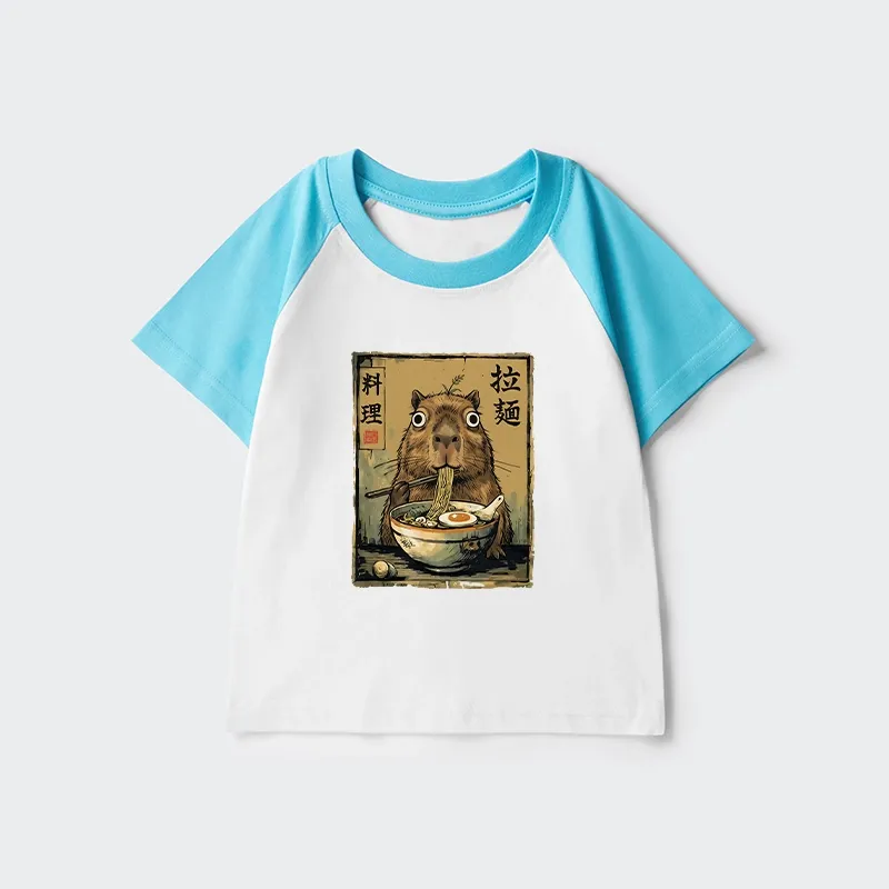 Tokyo-Tiger Cute Capybara Eating Ramen Kids Raglan T-shirt Sale