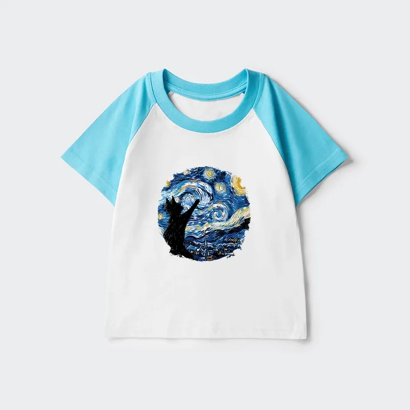 Tokyo-Tiger Starry Night Black Cat Kids Raglan T-shirt