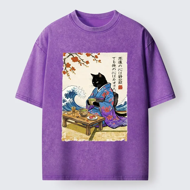 Tokyo-Tiger Black Cat Tea Ceremony Japan Washed T-Shirt