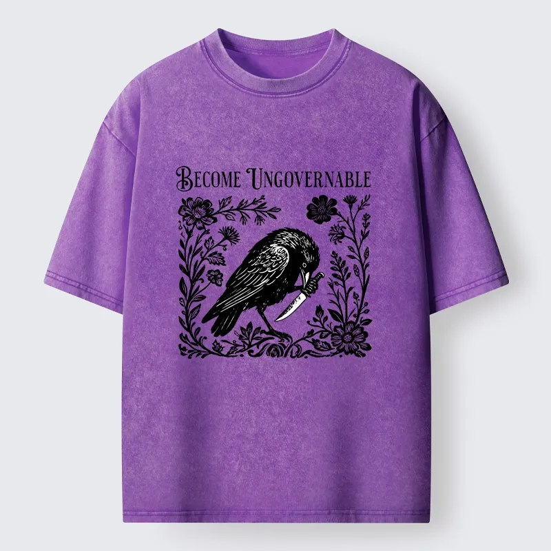 Tokyo-Tiger Crow With Knife Floral Print Washed T-Shirt