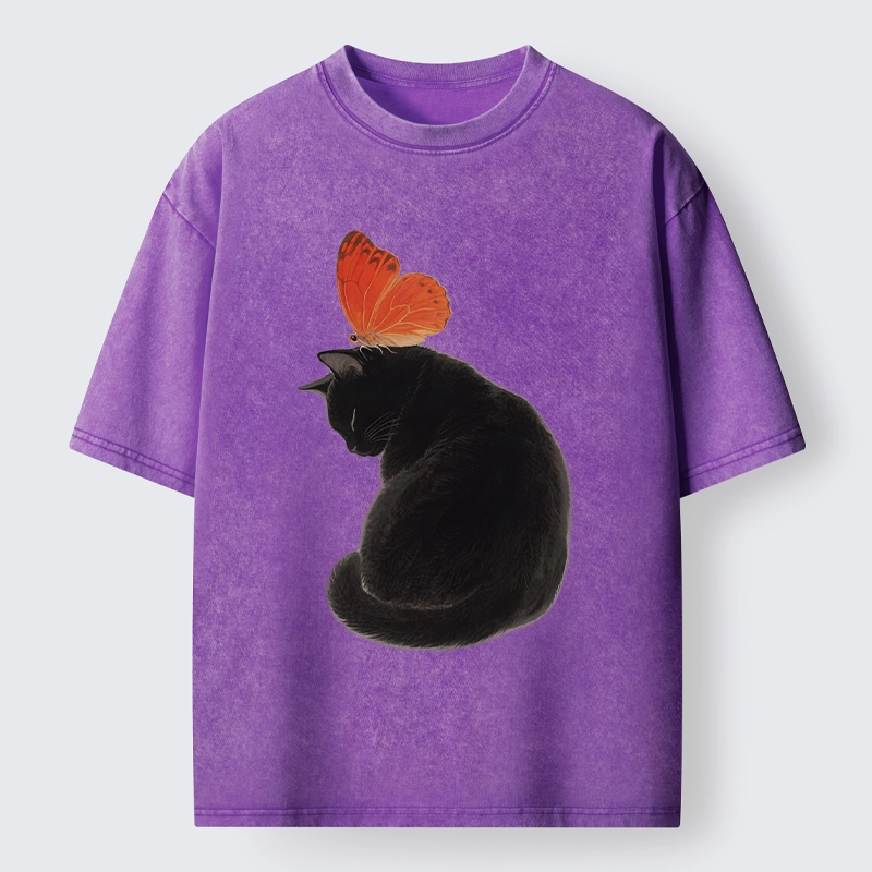 Tokyo-Tiger Black Cat With Orange Butterfly Washed T-Shirt