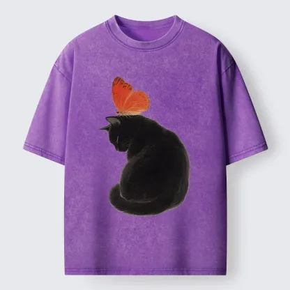 Tokyo-Tiger Black Cat With Orange Butterfly Washed T-Shirt