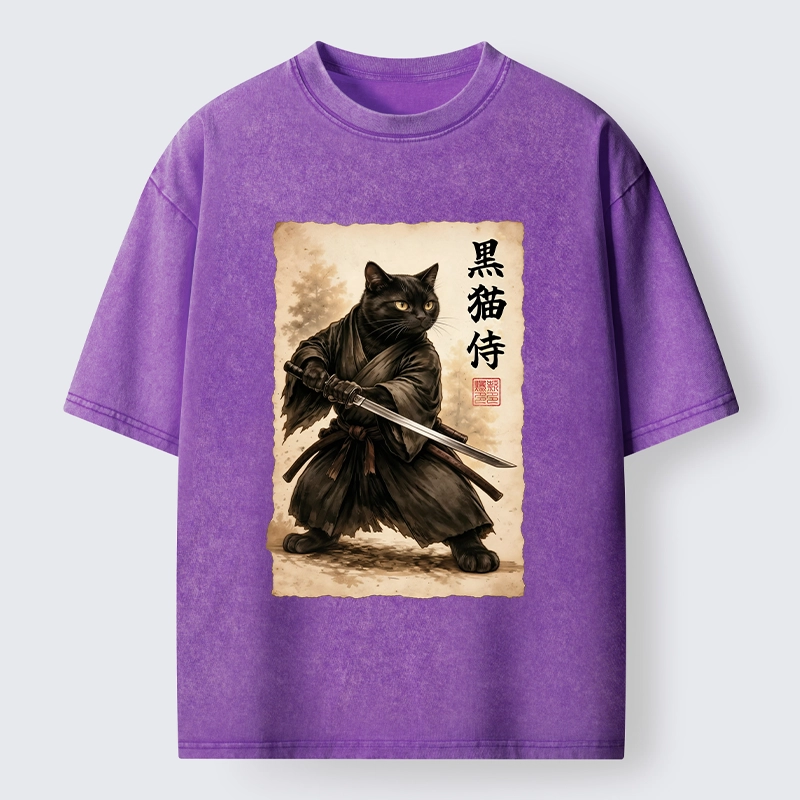 Tokyo-Tiger Black Cat Samurai Warrior Art Washed T-Shirt