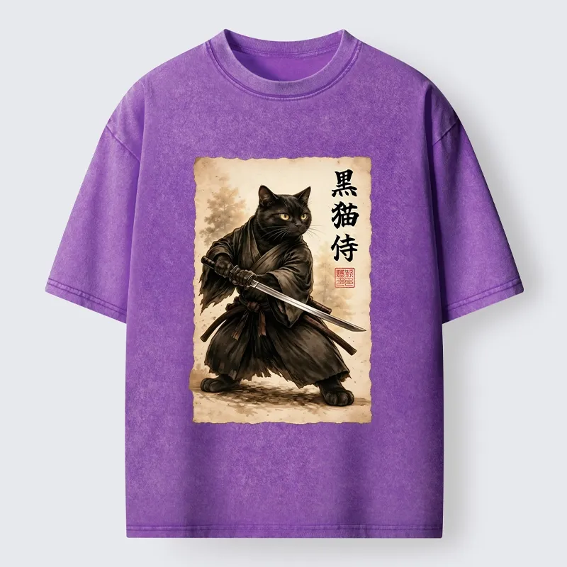 Tokyo-Tiger Black Cat Samurai Warrior Art Washed T-Shirt Sale
