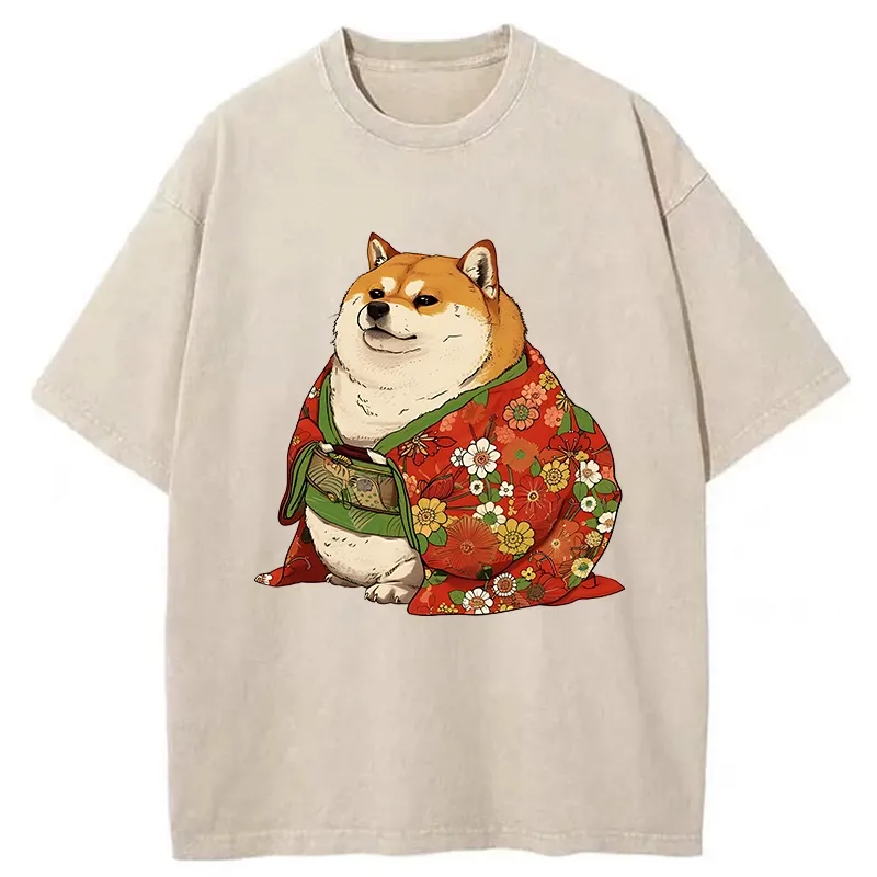 Tokyo-Tiger Shiba Inu Wearing Kimono Washed T-Shirt