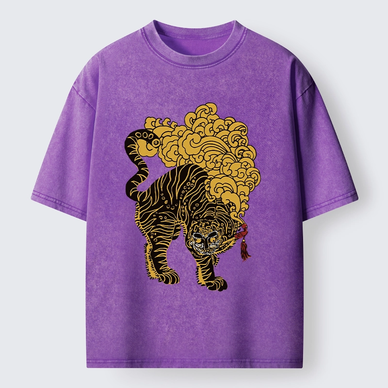 Tokyo-Tiger Black And Gold Tiger With Clouds Washed T-Shirt